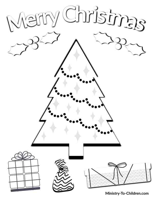 Christmas tree and presents coloring page with Merry Christmas