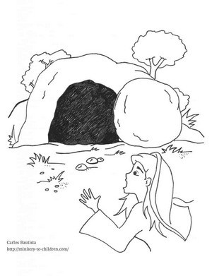 Empty Tomb Coloring Page for Kids - Mary surprised by the resurrection of Jesus